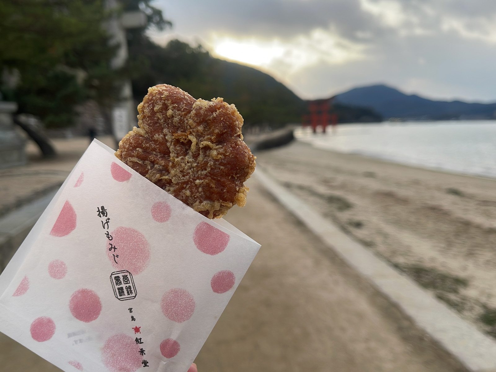 宮島の"紅葉堂"で、揚げもみじ饅頭のこしあん味を食べたよ／広島県宮島