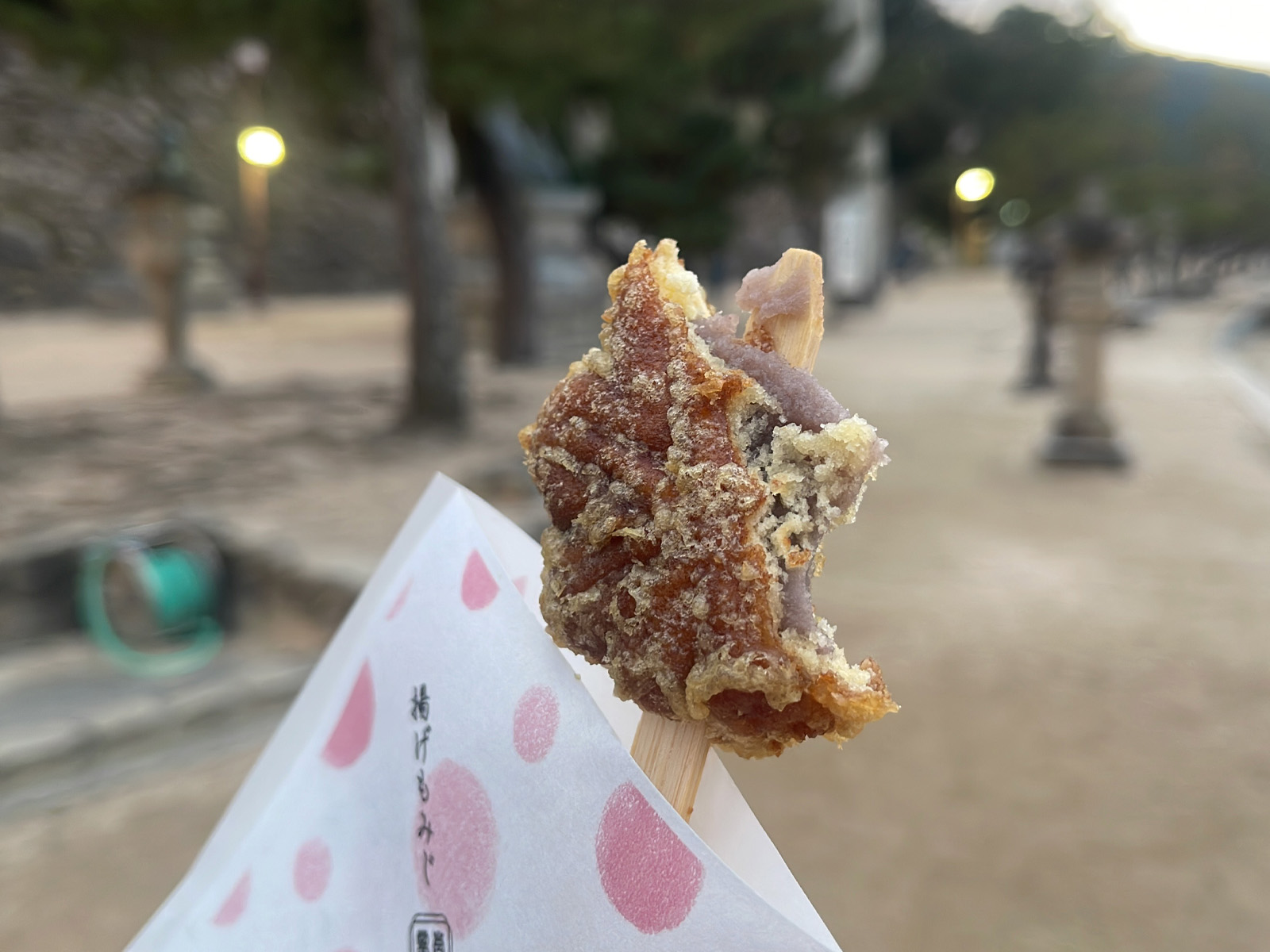 宮島の"紅葉堂"で、揚げもみじ饅頭のこしあん味を食べたよ／広島県宮島