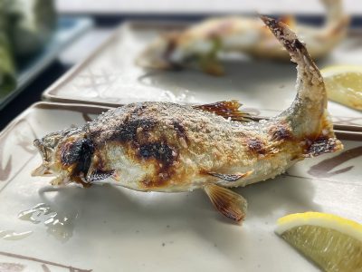 「湯来つり堀」で釣った”鮎”を焼いてもらって、おにぎりと食べたよ！／広島県湯来町