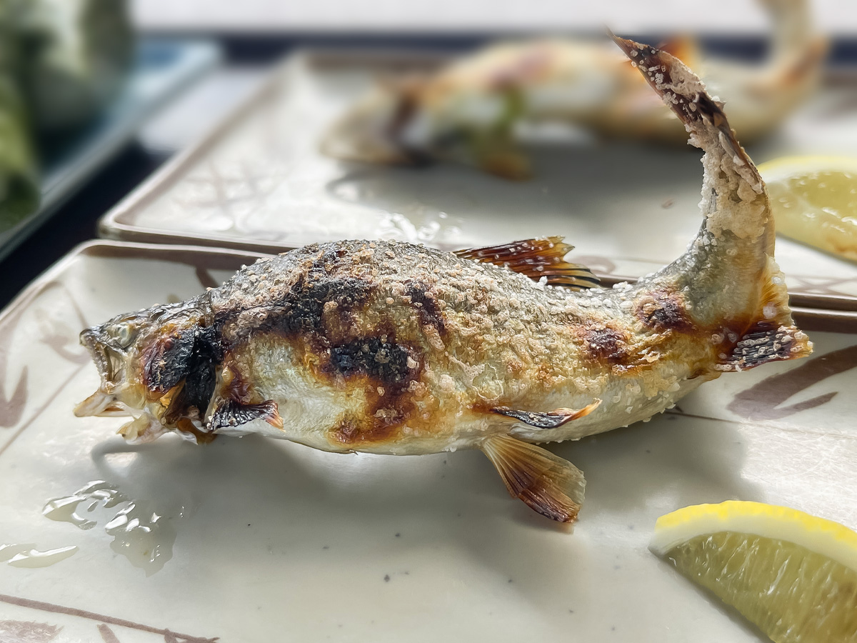 「湯来つり堀」で釣った"鮎"を焼いてもらって、おにぎりと食べたよ!/広島県湯来町