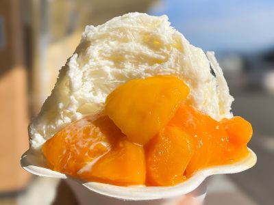 市場「果ふぇ翠ーっ(カフェスイーツ)」でマンゴー乗せ白くまかき氷食べたよ！／宮崎県都城市