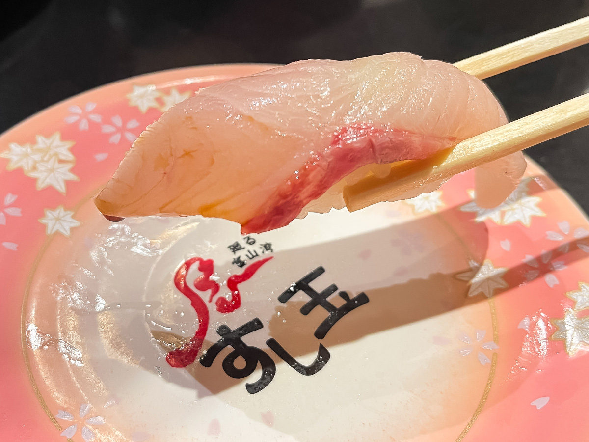 「廻る富山湾 すし玉」で白えび、サクラマス、ほたるいか沖漬け軍艦・もんごうイカ天ぷら食べた/富山駅店